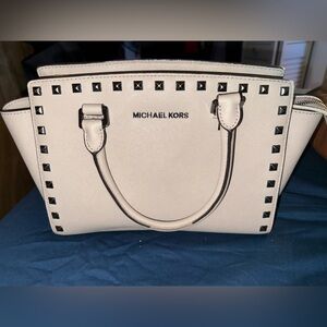 Michael Kors Medium Studded Saffiano Leather Satchel in cement w/ strap